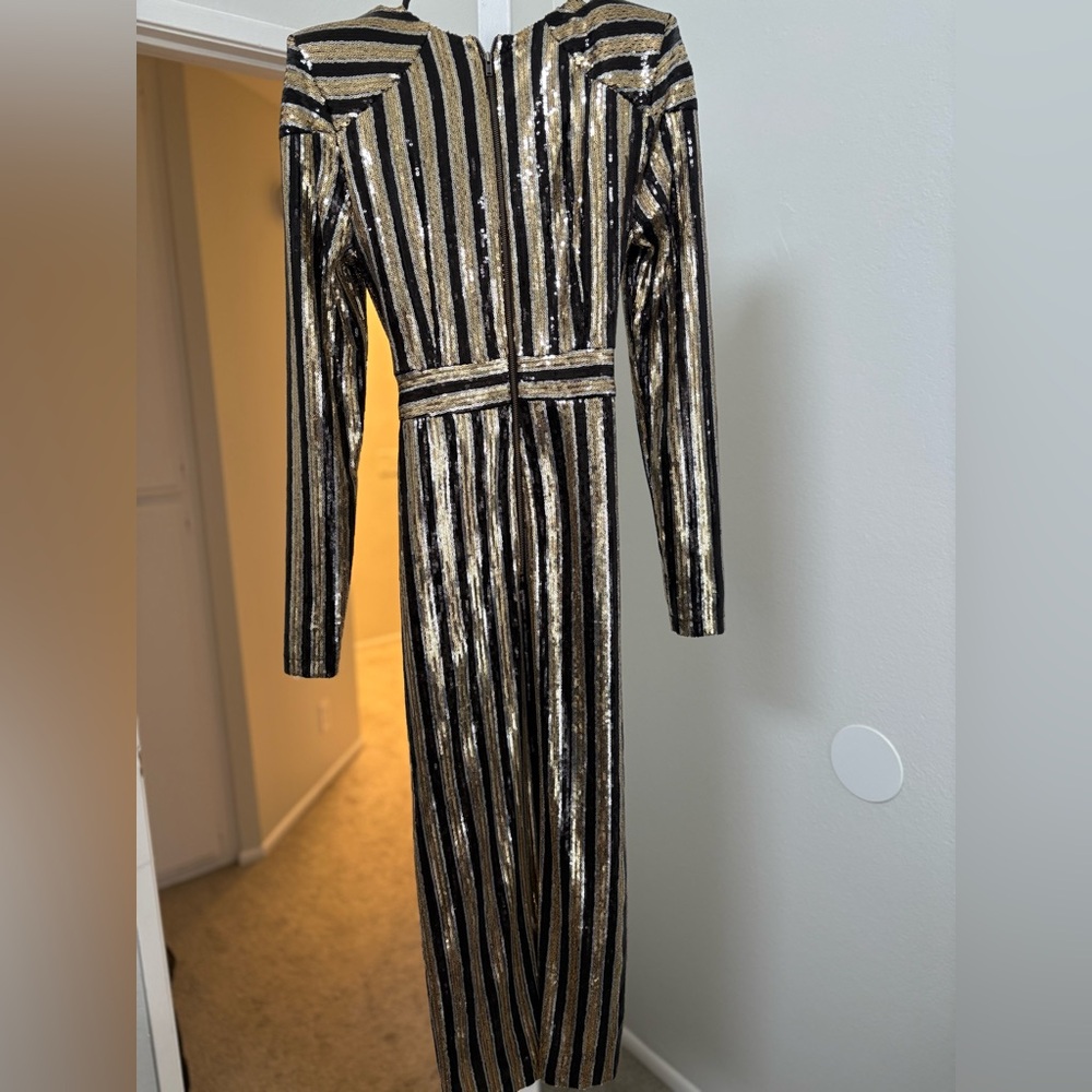 ZHIVAGO Black and Gold Striped Sequin Long Dress Size 6/ M - Picture 2 of 5